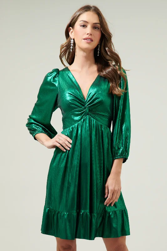 Boho Chiffon Mini Dresses-Amir Metallic Long Sleeve Mini Dress