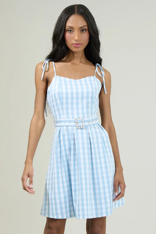 Blue Work Mini Dresses-Aurora Checker Pleated Mini Dress