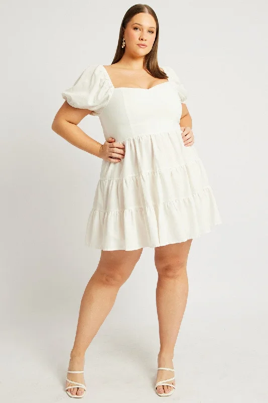 Black Winter Mini Dresses-White Puff Sleeve Mini Dress Sweetheart Neck