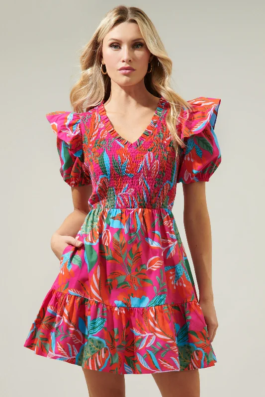 Silk Formal Mini Dresses-Cactus Blossom Leones Smocked Mini Dress