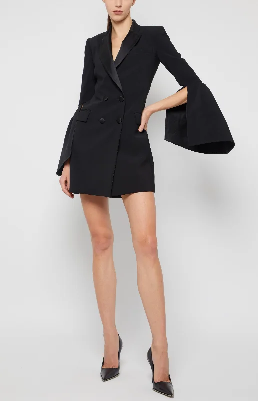 Mesh Summer Mini Dresses-BELL SLEEVE TUXEDO MINI DRESS