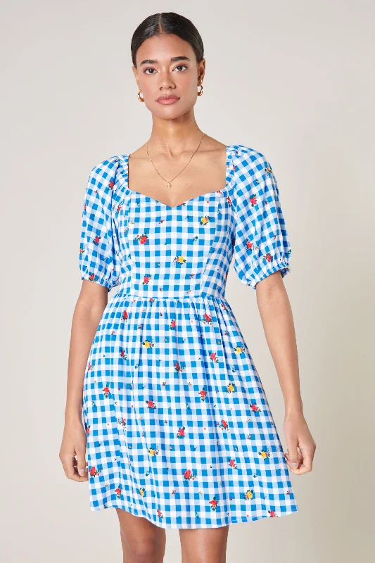 Teens Boho Mini Dresses-Dorothy Rosebud Gingham Puff Sleeve Mini Dress