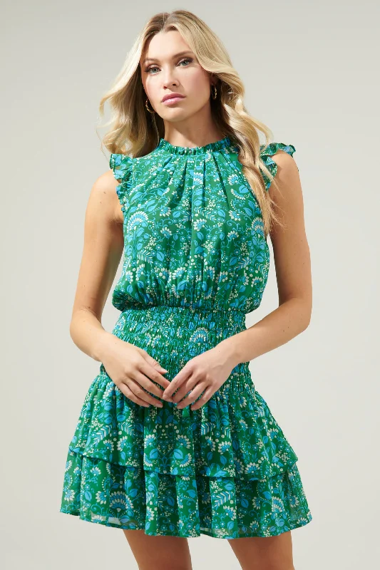 Geometric Summer Mini Dresses-Rainier Paisley Trolly Smocked Mini Dress