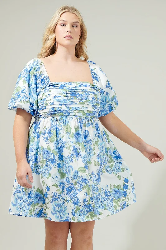 Cotton Winter Mini Dresses-Truth Be Told Blue Floral Pleated Mini Dress Curve