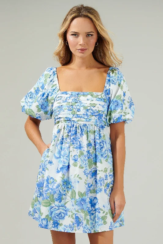 Denim Vintage Mini Dresses-Truth Be Told Blue Floral Pleated Mini Dress