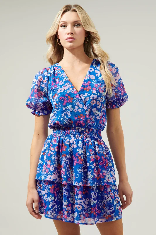 Denim Mini Dresses-Junie Floral Amina Surplice Ruffle Mini Dress