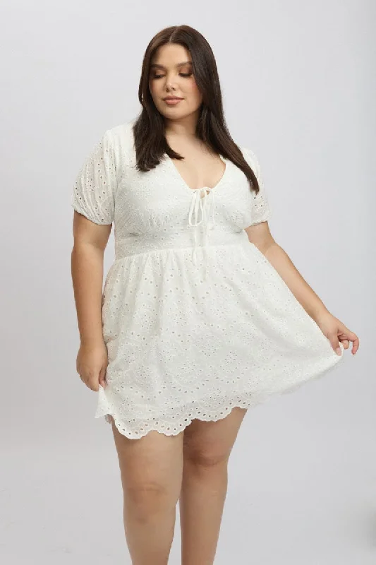 Sequin Party Mini Dresses-White Tie Front Eyelet Lace Minidress