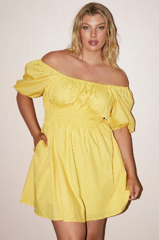 Plus Size Summer Mini Dresses-Yellow Shirred Waist Cotton Blend Pocket Minidress