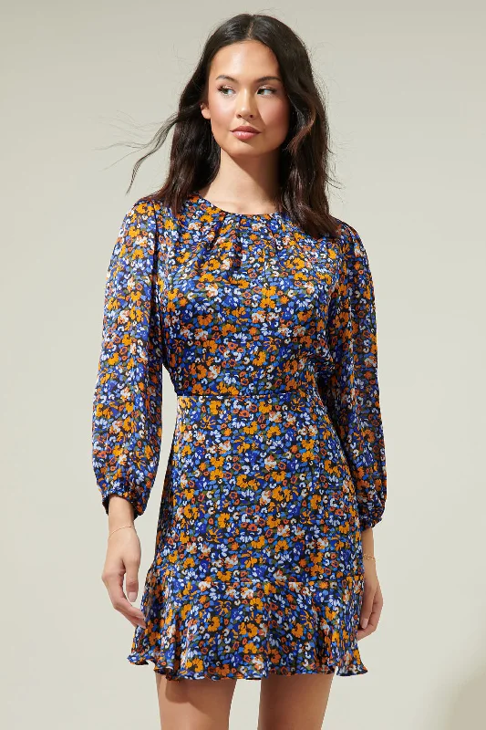 Elegant Embroidered Mini Dresses-Lobelia Floral Satin Dolman Sleeve Mini Dress