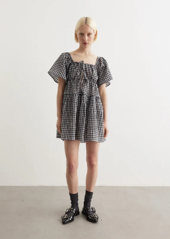 V Neck Summer Mini Dresses-Seersucker Check Mini Layer Dress