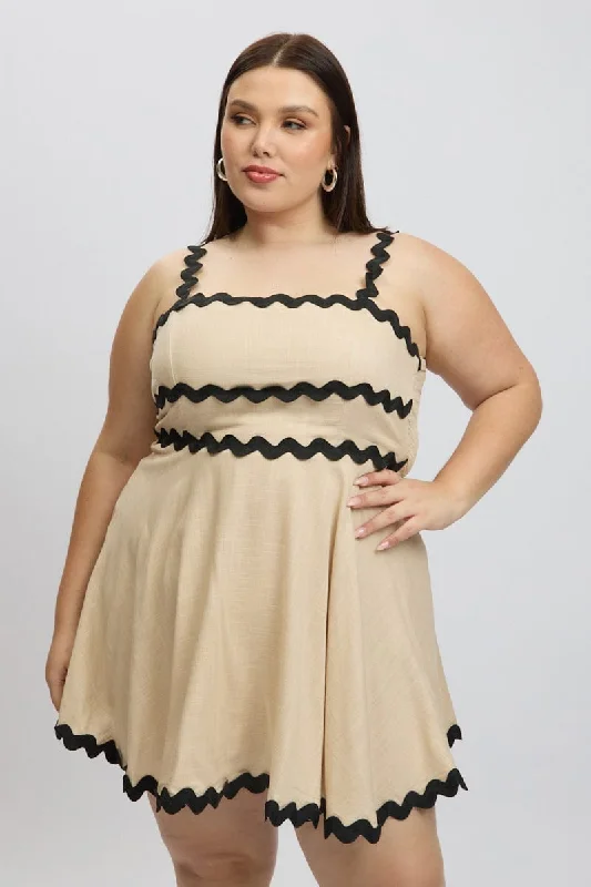 Plus Size White Mini Dresses-Beige Ric Rac Trim Mini Dress