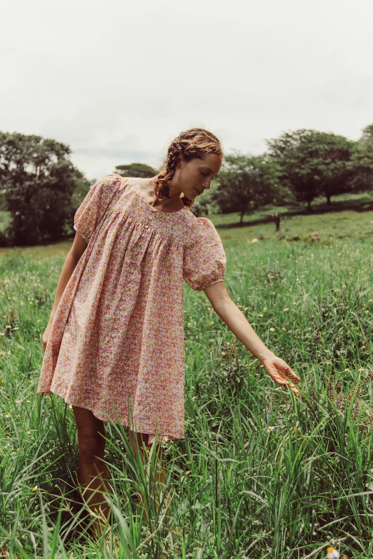 Orange Boho Mini Dresses-Mini Puff - Pink Lemon Ditsy