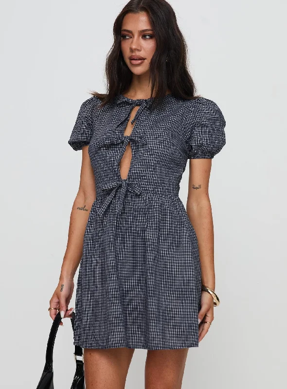 Backless Summer Mini Dresses-Nurture Bow Mini Dress Navy Check