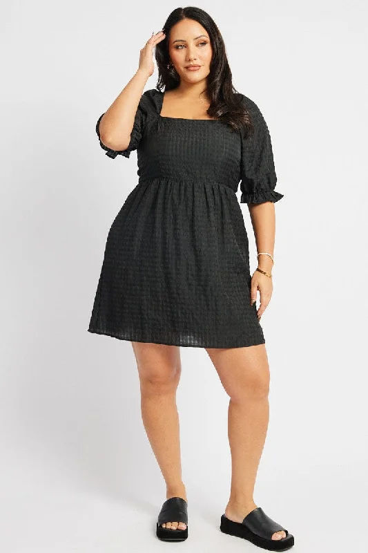 Casual Cotton Mini Dresses-Black Check Babydoll Mini Dress