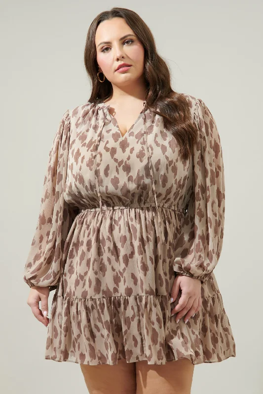 Long Sleeve Beach Mini Dresses-Sandalwood Leopard Paxton Balloon Sleeve Mini Dress Curve