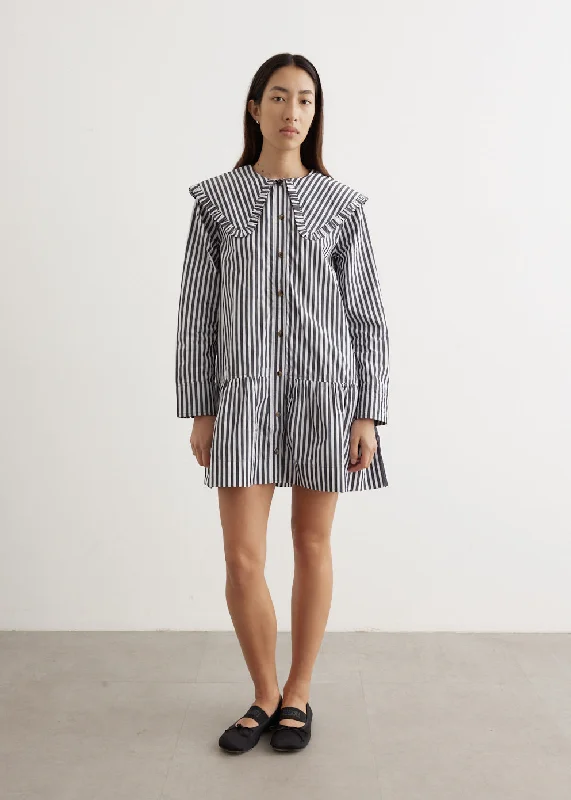 Cotton Vintage Mini Dresses-Stripe Big Collar Mini Shirt Dress