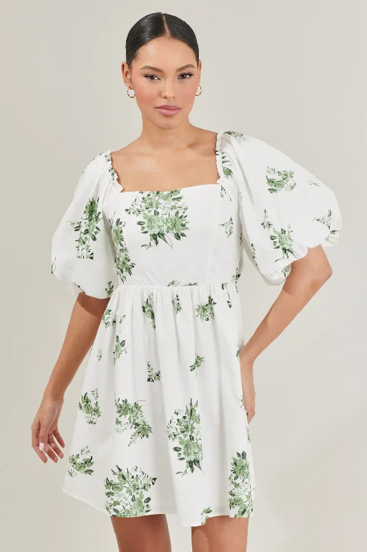 Maternity Beach Mini Dresses-Ria Floral Marion Puff Sleeve Babydoll Mini Dress