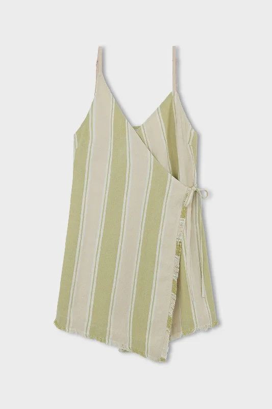 Ruffle Club Mini Dresses-Olive Stripe Organic Cotton Wrap Mini Dress