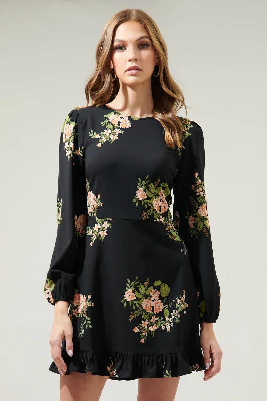 Chiffon Vintage Mini Dresses-Jasleen Floral Long Sleeve Ruffle Mini Dress