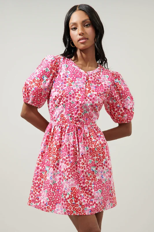 Silk Party Mini Dresses-Caicos Floral Alba Puff Sleeve Mini Dress