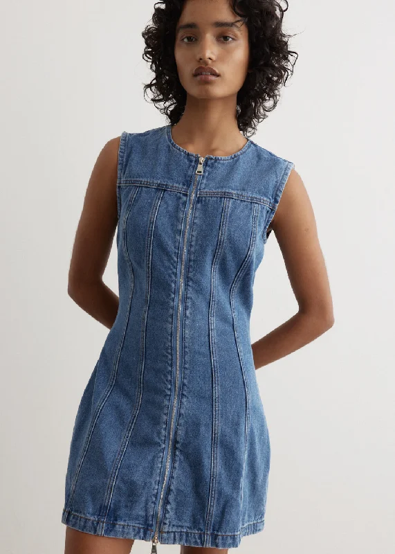 Velvet Beach Mini Dresses-Denim Panel Sleeveless Mini Dress