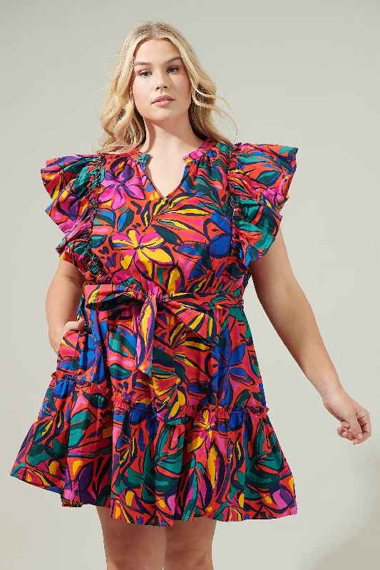 Leather Mini Dresses-Rainbow Tropics Floral Ruffle Mini Dress Curve