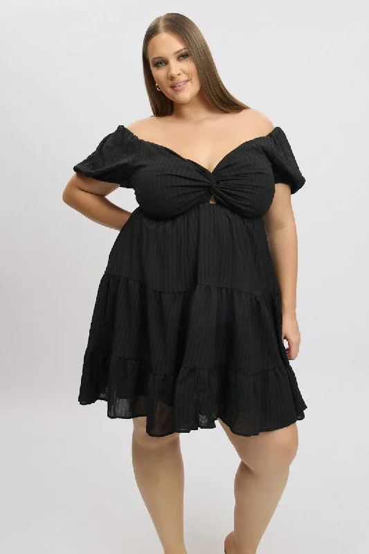 Elegant Wedding Mini Dresses-Black Textured Chiffon Twist Front Puff Sleeve Minidress