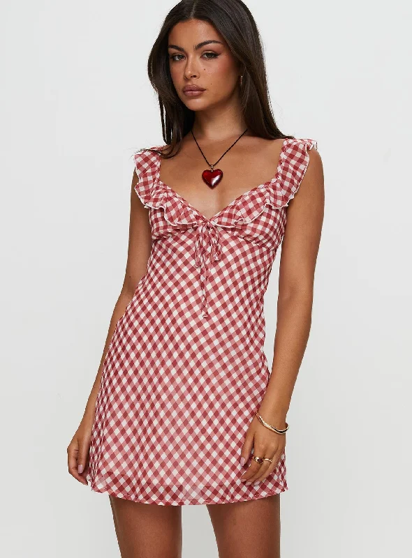 One Shoulder Vintage Mini Dresses-Marseilla Mini Dress Red Check