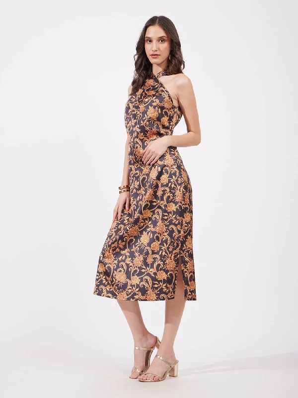 Denim Strapless Midi Dresses-Satin Midi Floral Dress - Gold And Black