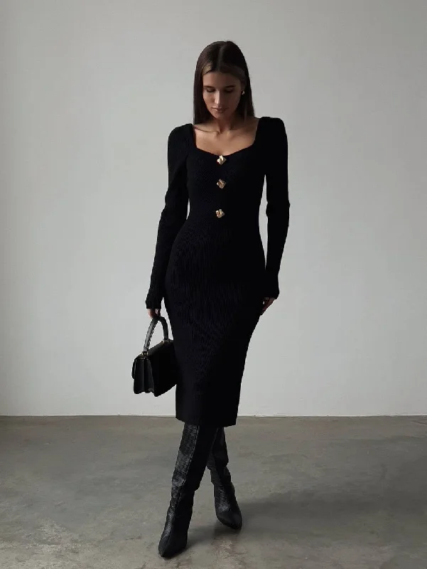 Knit Boho Midi Dresses-Elegant Black Ribbed Knit Midi Dress