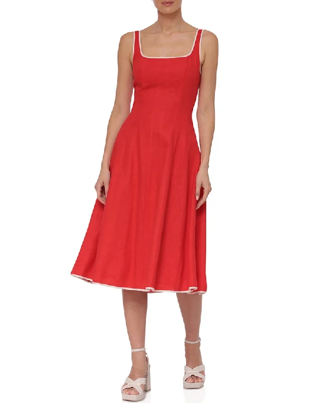 Petite Party Midi Dresses-Avec Les Filles Tipped Panel Linen-Blend Midi Dress