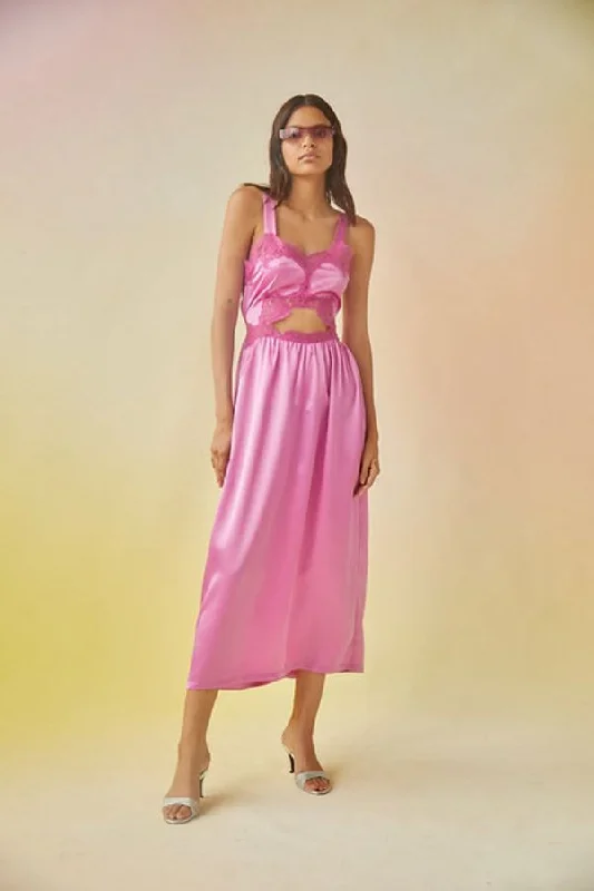 Mesh Vintage Midi Dresses-Helen Satin Midi Dress | Pink