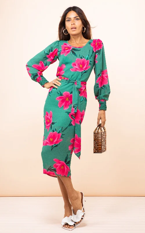 Cotton Beach Midi Dresses-Sabina Midi Dress in Pink on Green Tulip