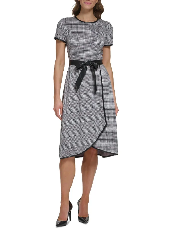 Designer Elegant Midi Dresses-Womens Plaid Faux Wrap Midi Dress