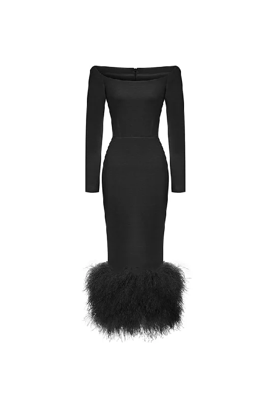 Denim Formal Midi Dresses-Crepe long midi dress with fringe black