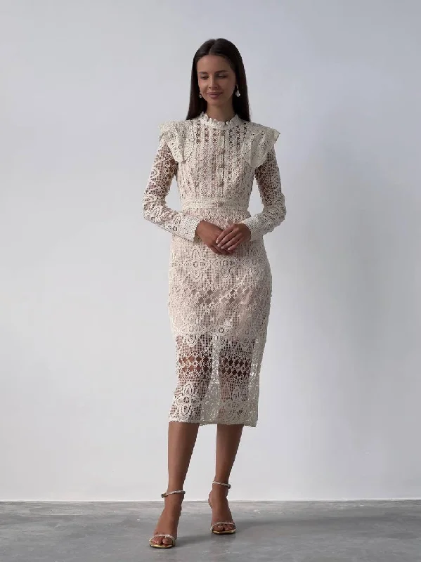 Black Casual Midi Dresses-Lace Detail Cream Midi Dress