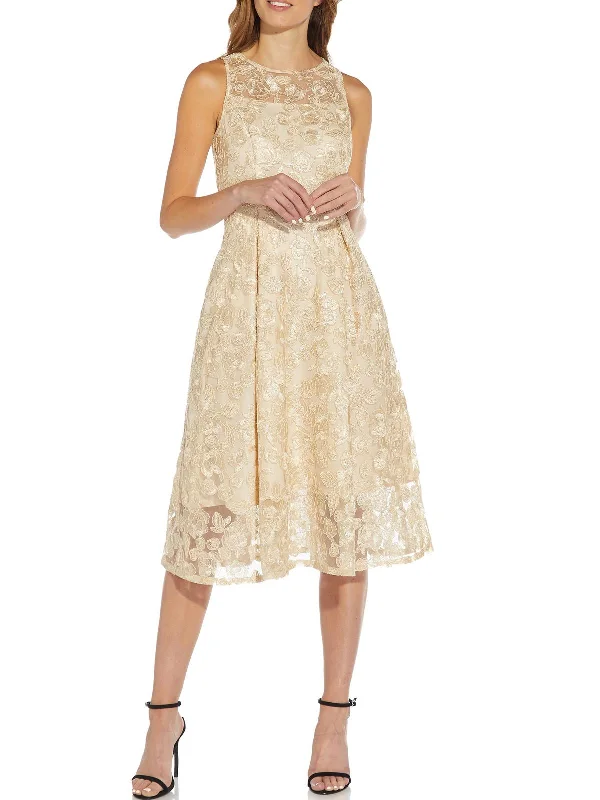 Cheap Party Midi Dresses-Plus Womens Embroidered Midi Cocktail and Party Dress