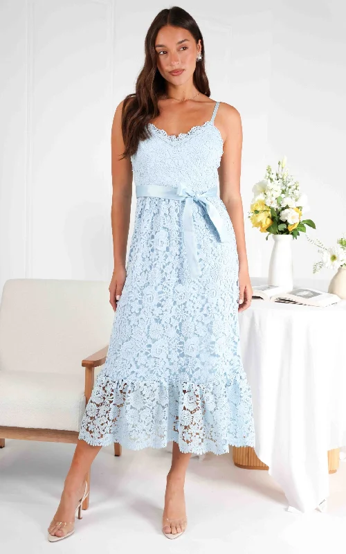 White Midi Dresses-Fleur Lace Midi Dress - Baby Blue