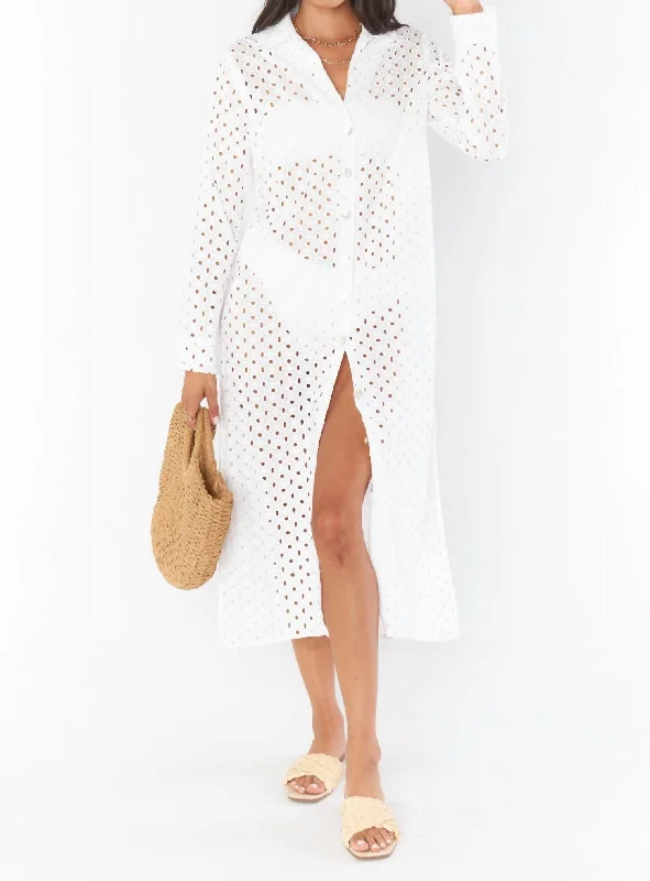 Denim Work Midi Dresses-Dayton Button Down Midi Dress In White Eyelet