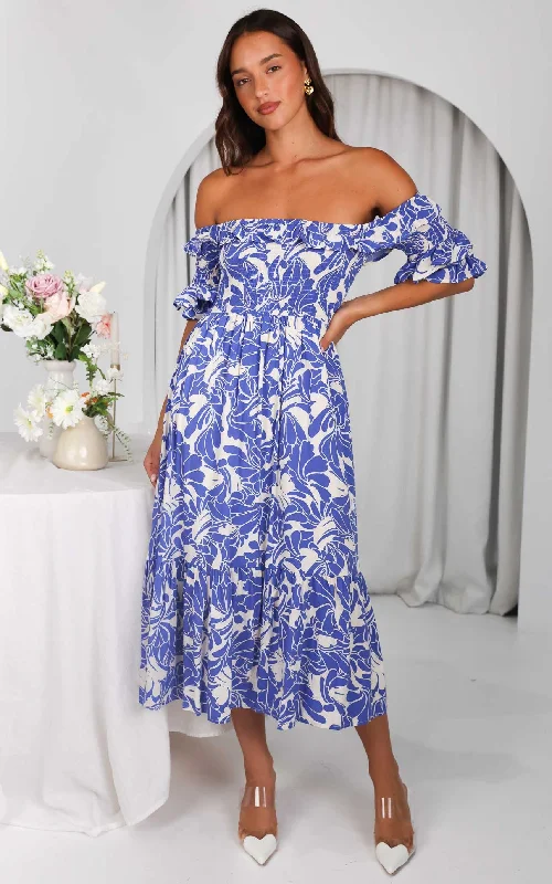 Chiffon Party Midi Dresses-Ayesha Midi Dress - Blue Print