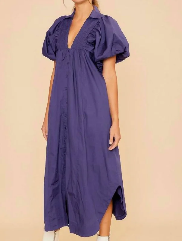 Silk Club Midi Dresses-Smock Detail V Neck Puff Sleeve Midi Dress In Periwinkle