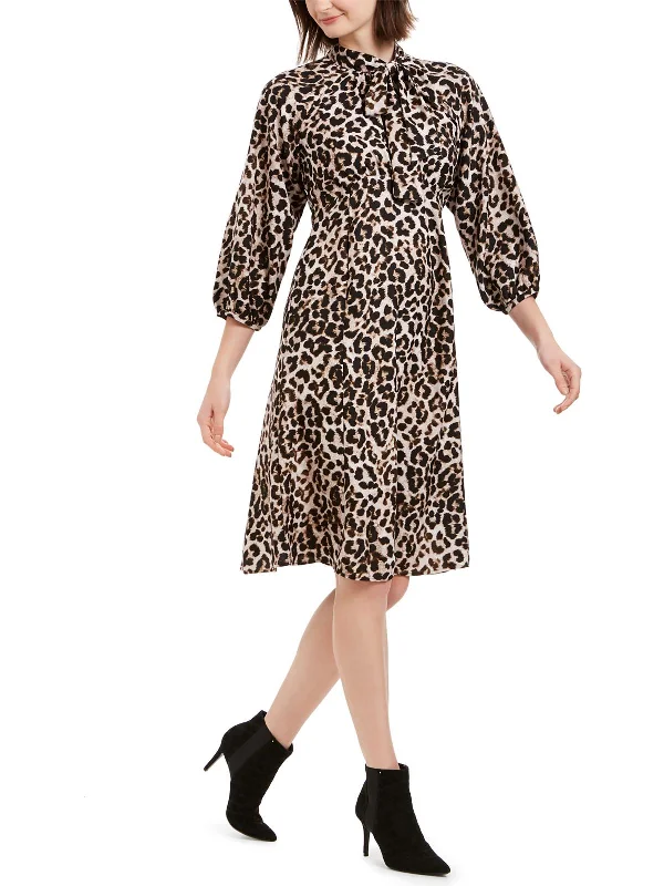 Teens Boho Midi Dresses-Womens Bishop Sleeve Animal Print Midi Dress