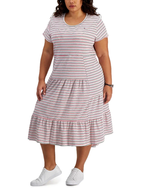 High Neck Club Midi Dresses-Plus Womens Striped Tiered Midi Dress