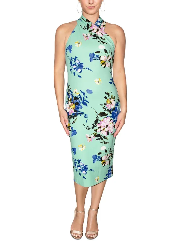 Women Floral Midi Dresses-Womens High-neck Fitted Midi Dress