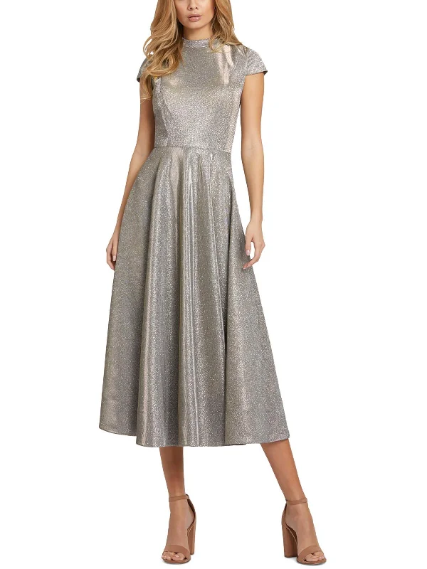 Blue Boho Midi Dresses-Womens Metallic Cap Sleeves Midi Dress