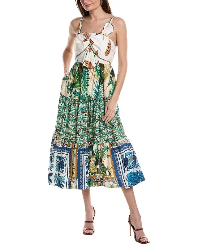 Chiffon Green Midi Dresses-FARM Rio Mixed Prints Bow Top Midi Dress