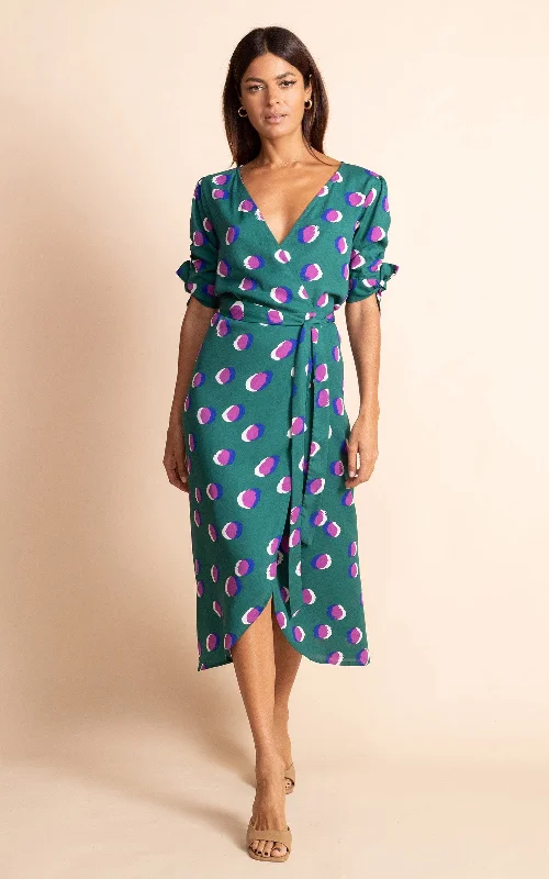 Red Club Midi Dresses-Olivera Midi Dress in Polka Dot Purple on Green