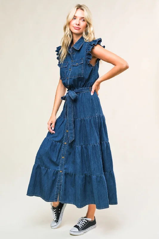 Black Club Midi Dresses-FAN FAVORITE WOVEN DENIM MIDI DRESS