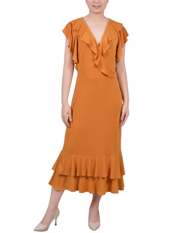 Chiffon Vintage Midi Dresses-Petites Womens Ruffled A-Line Midi Dress