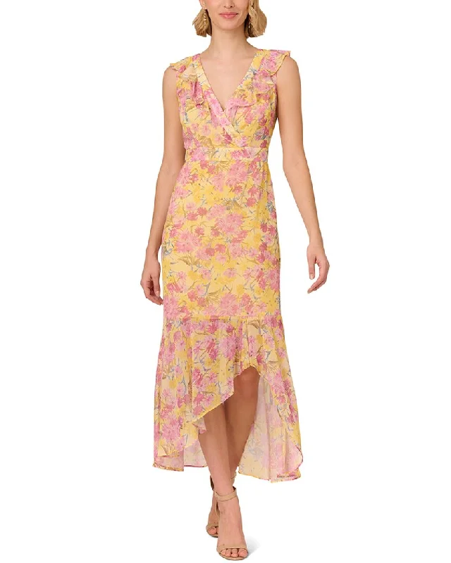 Knit Boho Midi Dresses-Adrianna Papell V-Neck Printed Chiffon Midi Dress